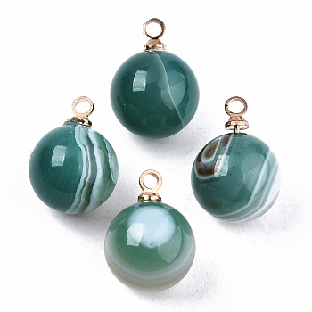 Natural Green Banded Agate Charms, with Golden Plated Brass Loops,, Round, 14x10.5mm, Hole: 1.5mm