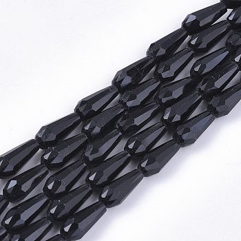 Opaque Solid Color Glass Beads Strands, Faceted, Teardrop, Black, 9.5x4mm, Hole: 1mm, about 72pcs/Strand, 27.09 inch(68.8cm)