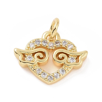 Brass Micro Pave Cubic Zirconia Charms, with Jump Ring, Heart with Wing Charm, Golden, 10x13x2mm, Hole: 2.8mm