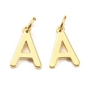 Brass Charms, with Jump Rings, Letter, Real 18K Gold Plated, Letter.A, 10x7x1mm, Hole: 2.5mm