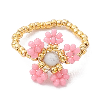 Round Seed Beads with Gemstone Beads Rings, Flower, Pink, Inner Diameter: 27mm