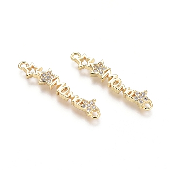 Brass Micro Pave Clear Cubic Zirconia Links connectors, Word MAMA and Star, for Mother's Day, Golden, 5.5x26x2mm, Hole: 1.2mm