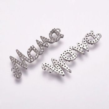 Brass Micro Pave Cubic Zirconia Links, For Mother's Day Jewelry Making, Word Mama, Platinum, 30x11x2mm, Hole: 0.5mm