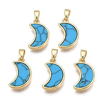 Real 18K Gold Plated Brass Pendants, with Synthetic Turquoise Cabochons, Cadmium Free & Nickel Free & Lead Free, Moon, Turquoise, 15.5x10x3mm, Hole: 2.5x5mm