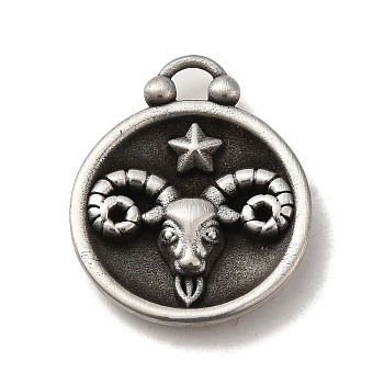 304 Stainless Steel Pendants, Flat Round with Constellations Charm, Antique Silver, Aries, 20.5x17x3mm, Hole: 2.5x2mm