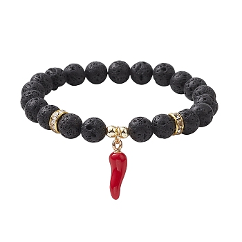 8mm Round Natural Lava Rock Stretch Bracelets, Chili Pepper Alloy Enamel Charm Bracelets for Women, Black, Inner Diameter: 2-1/8 inch(5.5cm), Chili Pepper: 21x6x6mm, Bead: 8mm