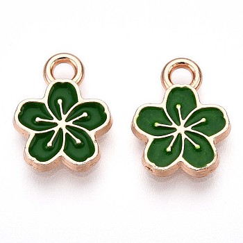 Alloy Enamel Charms, Lead Free & Cadmium Free, Golden, Flower Charm, Dark Green, 11.3x9x1.5mm, Hole: 1.6mm