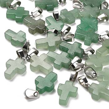 Natural Green Aventurine Pendants, with Stainless Steel Color Plated 201 Stainless Steel Snap on Bails, Cross, 19.5~21x11.5~12.5x4~5mm, Hole: 8x4mm