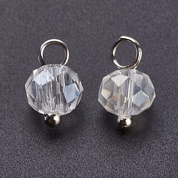 Electroplated Glass Charms, with Brass Findings, Rondelle, Faceted, Platinum, Clear, 9.5x5.5~6mm, Hole: 2mm