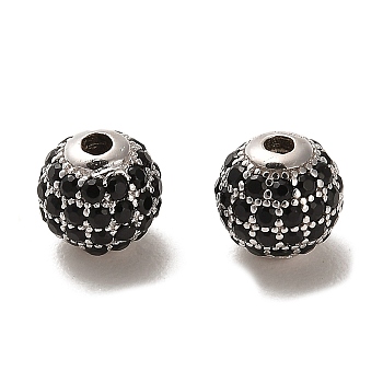 Rhodium Plated 925 Sterling Silver Micro Pave Cubic Zirconia Beads, Round, Real Platinum Plated, Black, 6x5.5mm, Hole: 1.4mm