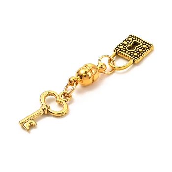 Round Brass Magnetic Clasps with Loops, with  Alloy Pendants & 304 Stainless Steel Jump Rings, Key & Lock, Golden, 43mm