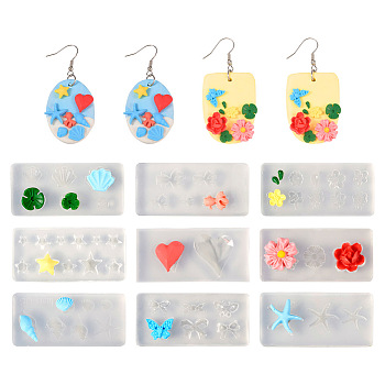 9Pcs 9 Style Nail Art Ear Stud Decoration Silicone Molds, Resin Casting Molds, Star/Diamond/Flower Shape, WhiteSmoke, 40x20mm, 1pc/style