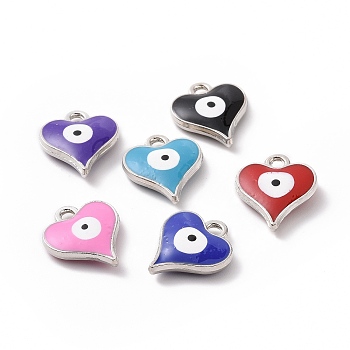 Alloy Enamel Charms, Heart with Evil Eye Pattern Charm, Platinum, 14x12x2.5mm, Hole: 1.6mm