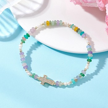 Brass Micro Pave Clear Cubic Zirconia Cross & Natural Pearl & White Jade Rondelle Beads Stretch Bracelets for Women, Colorful, Beads: 4.5x2.5mm, Inner Diameter: 2.05 inch(5.2cm)
