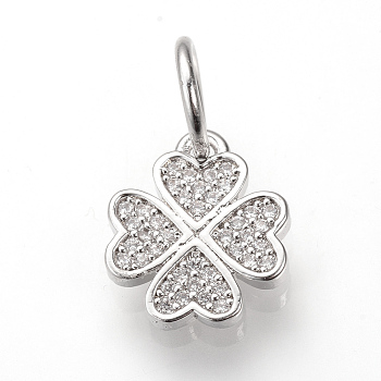 Brass Micro Pave Cubic Zirconia Charms, with Jump Rings, Four Leaf Clover, Platinum, 13.5x12x2mm, Hole: 6mm