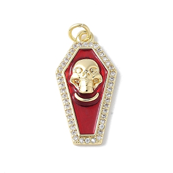 Brass Micro Pave Cubic Zirconia Pendants, with Enamel, Coffin Charms, Rack Plating, Long-Lasting Plated, Cadmium Free & Lead Free, with Jump Ring, Skull, 26.5x13.5x3.5mm, Hole: 3.5mm