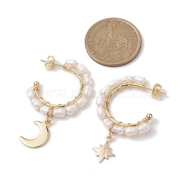 Moon & Star Natural Pearl Dangle Half Hoop Earrings(EJEW-JE05895-01)-3