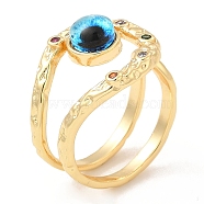 Resin Evil Eye Open Cuff Ring with Cubic Zirconia, Real 18K Gold Plated Brass Wire Wrap Jewelry for Women, Cyan, Inner Diameter: 18mm(RJEW-E069-02G-01)