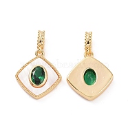 Brass Shell Pendants, Rhombus Charms, with Green Glass, Real 18K Gold Plated, 18x16x3mm, Hole: 2.5x4mm(KK-E068-VC124)