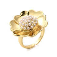 Flower Brass Open Cuff Rings, ABS Imitation Pearl Ring for Women, Golden, Flower: 23.5x24.5mm, Adjustable(RJEW-A046-06G)