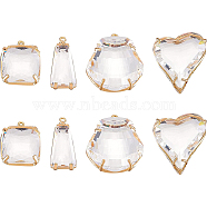 8Pcs 4 Style Transparent Glass Pendants, with Light Gold Tone Brass Findings, Long-Lasting Plated, Faceted, Heart & Rectangle & Trapezoid & Shell Shape, Clear, 21~27.5x11~25x6~9.5mm, Hole: 1~1.4mm, 2pcs/style(GLAA-BC0001-15)