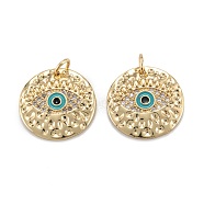 Brass Micro Pave Clear Cubic Zirconia Pendants, with Enamel and Jump Rings, Flat Round with Eye, Real 18K Gold Plated, 18x2.5mm, Hole: 3.5mm(ZIRC-A020-01G)
