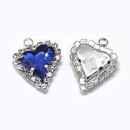 Glass Rhinestone Pendants, with Platinum Tone Brass Findings, Heart, Sapphire, 21x16.5x6mm, Hole: 2mm(RGLA-T128-12x13-15P)