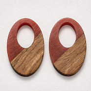 Resin & Walnut Wood Pendants, Waxed, Oval, Brown, 35.5x21.5x3~4mm, Hole: 16x10mm(X-RESI-S384-001A-A03)