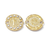 Alloy Connector Charms, with Rhinestones, Flat Round Links with Religion Virgin Pattern, Light Gold, Crystal, 14x2mm, Hole: 1.8mm(FIND-A024-08G-01)