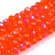 Electroplate Glass Beads Strands, Half Rainbow Plated, Faceted, Rondelle, Orange Red, 4x3mm, Hole: 0.4mm, about 123~127pcs/strand, 16.5~16.9 inch(42~43cm)(EGLA-A034-T4mm-L29)