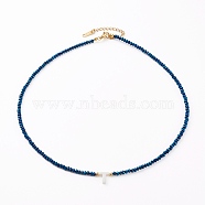 (Jewelry Parties Factory Sale)Natural Shell Letter Pendant Necklaces, Initial Necklaces, with Faceted Electroplate Glass Beads and 304 Stainless Steel Beads, Golden, Blue, Letter.T, 17.83 inch(45.3cm)(NJEW-JN03304-04)