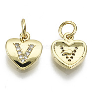 Brass Micro Pave Clear Cubic Zirconia Charms, with Jump Ring, Heart with Letter, Real 16K Gold Plated, Nickel Free, Letter.V, 10x9x2mm, Jump Ring: 5x1mm, 3mm inner diameter(KK-N227-34V-NF)