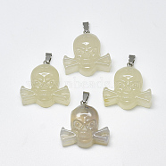 Natural White Agate Pendants, with Stainless Steel Snap On Bails, Skull, Stainless Steel Color, 34~36x35~37x12~13mm, Hole: 3~4x7~8.5mm(G-T122-28A)