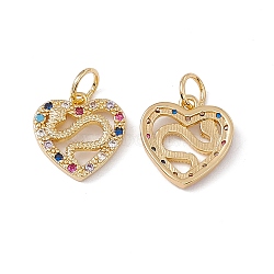 Brass Micro Pave Cubic Zirconia Pendant, with Glass & Jump Ring, Real 18K Gold Plated, Heart with Snake Charm, Colorful, 3.5x13x3mm, Hole: 4mm(KK-E068-VC005-02)
