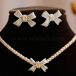 Bowknot Plastic Imitation Pearl Beaded Pendant Necklaces & Stud Earrings Sets, Golden, 450mm & 20mm(WGC8EC3-03)