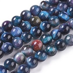 Natural Tiger Eye Beads Strands, Dyed & Heated, Round, Marine Blue, 6mm, Hole: 1mm, about 60pcs/strand, 14.3 inches(36.5cm)(G-K301-6mm-06)