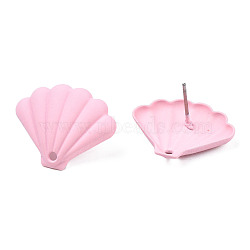 Spray Painted Iron Stud Earring Findings, with Hole, Fan, Pink, 17x21.5mm, Hole: 1.6mm, Pin: 0.7mm(IFIN-N008-018C)