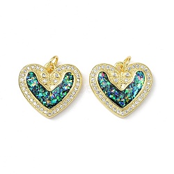 Brass Micro Pave Cubic Zirconia Pendants, with Synthetic Opal and Jump Ring, Heart, Real 18K Gold Plated, 16x18x3mm, Hole: 3.5mm(KK-A197-07G)