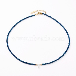 (Jewelry Parties Factory Sale)Natural Shell Letter Pendant Necklaces, Initial Necklaces, with Faceted Electroplate Glass Beads and 304 Stainless Steel Beads, Golden, Blue, Letter.T, 17.83 inch(45.3cm)(NJEW-JN03304-04)