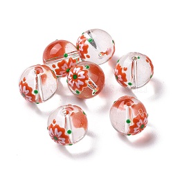 Transparent Glass Beads, with Enamel, Round, Red, Flower Pattern, 14~15x13~13.5mm, Hole: 1.5~1.6mm(LAMP-B021-03B-01)