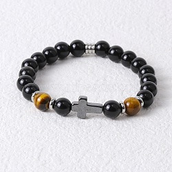 Round Natural Tiger Eye & Black Onyx & Cross Synthetic Non-magnetic Hematite Stretch Beaded Bracelet for Men(LK6258-1)