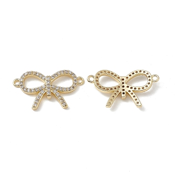 Brass Micro Pave Clear Cubic Zirconia Connector Charms, Bowknot Links, Real 18K Gold Plated, 14.5x25x3mm, Hole: 1.5mm