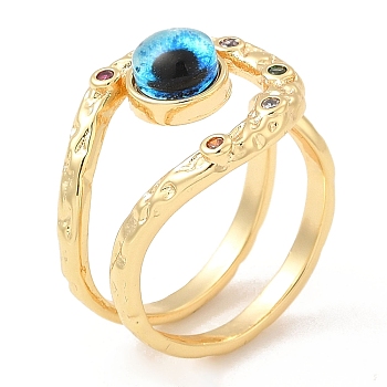 Resin Evil Eye Open Cuff Ring with Cubic Zirconia, Real 18K Gold Plated Brass Wire Wrap Jewelry for Women, Cyan, Inner Diameter: 18mm