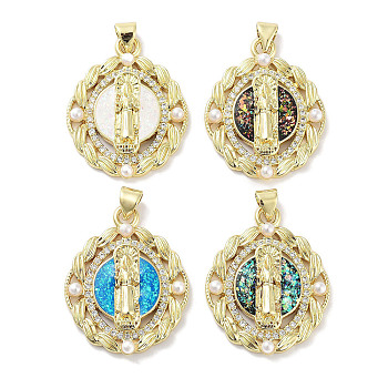 Brass Micro Pave Clear Cubic Zirconia Pendants, with Synthetic Opal and ABS Plastic Pearl, Real 18K Gold Plated, Oval with God Charms, Mixed Color, 28.5x22.5x3.5mm, Hole: 4.5x3mm