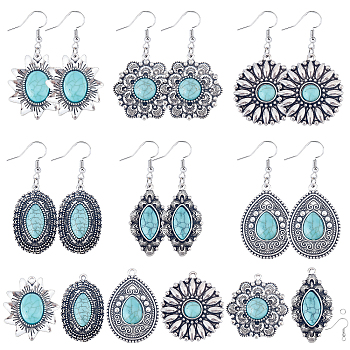 DIY Synthetic Turquoise Dangle Earring Making Kits, Including Teardrop & Rhombus & Oval & Flower & Hexagon Alloy Pendants, Brass Earring Hooks, Antique Silver, 38x26x6mm, Hole: 2.5mm