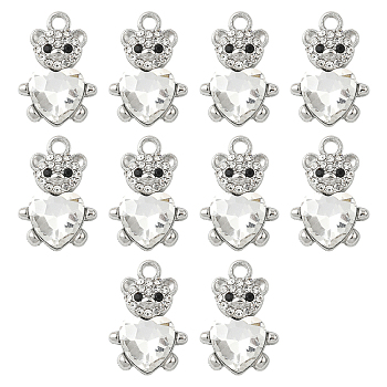 10Pcs Alloy Glass Pendants, Bear with Heart, Faceted, with Rhinestone, Clear, 21.1x14.3mm