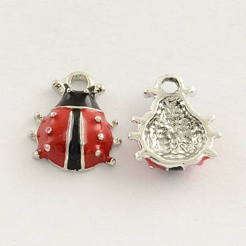 Platinum Plated Alloy Enamel Ladybug Charms, Red, 13x11x3.5mm, Hole: 1.5mm