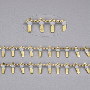 3.28 Feet Handmade Glass Beaded Chains, with Real 18K Gold Plated Brass Curb Chains, Long-Lasting Plated, Soldered, Lead Free & Cadmium Free, Rectangle, Gray, 2.5x1.8x0.3mm, Rectangle: 9x3x3mm