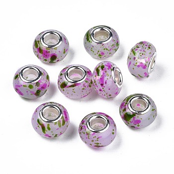 Resin European Beads, Large Hole Beads, with Platinum Tone Brass Double Cores, Imitation Jelly, Rondelle, Olive Drab, 14x9mm, Hole: 5mm