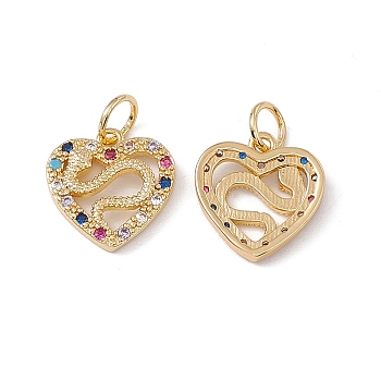 Brass Micro Pave Cubic Zirconia Pendant, with Glass & Jump Ring, Real 18K Gold Plated, Heart with Snake Charm, Colorful, 3.5x13x3mm, Hole: 4mm